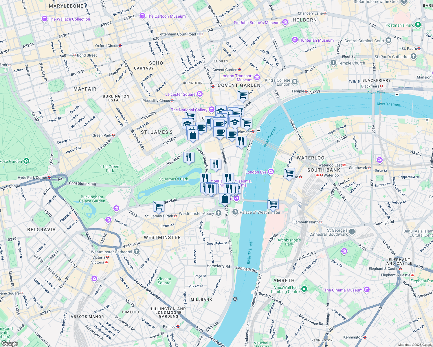 map of restaurants, bars, coffee shops, grocery stores, and more near 10 Downing Street in London