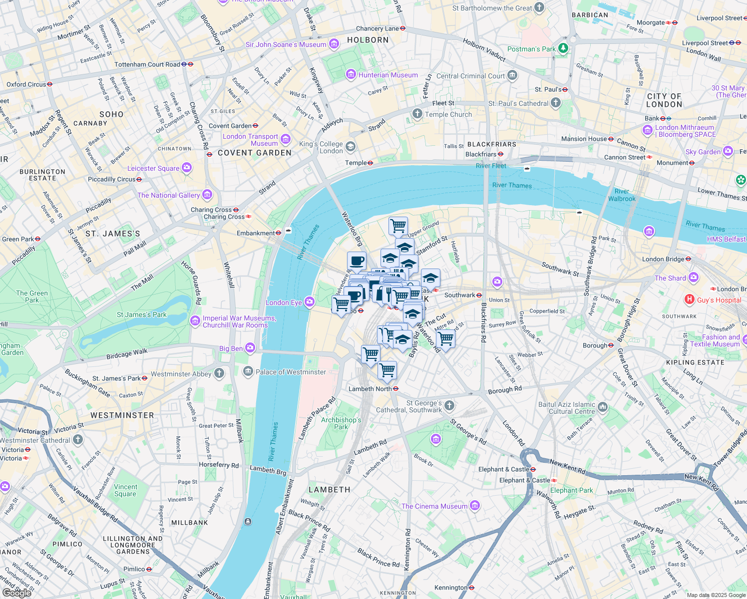 map of restaurants, bars, coffee shops, grocery stores, and more near Waterloo Station in Greater London