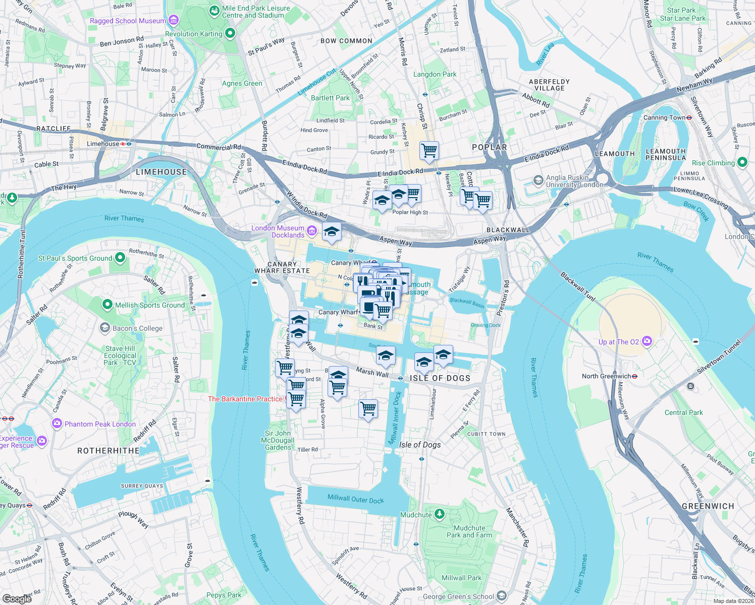 map of restaurants, bars, coffee shops, grocery stores, and more near in Greater London