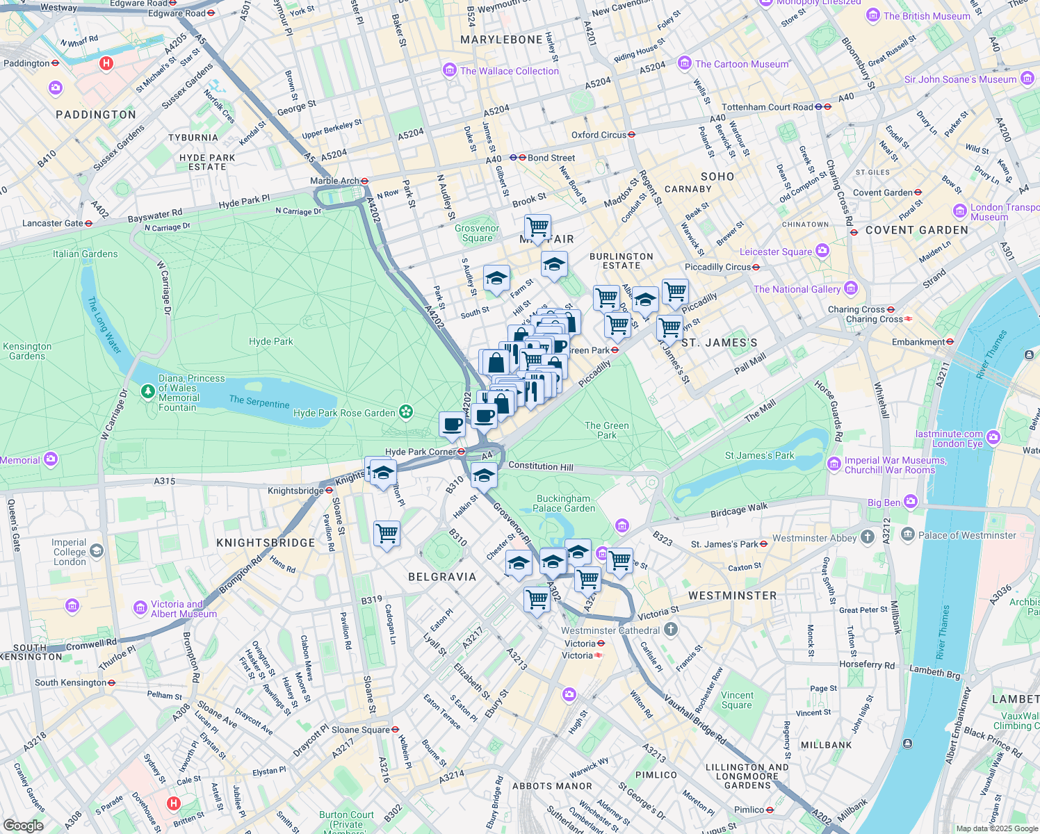 map of restaurants, bars, coffee shops, grocery stores, and more near 4 Old Park Lane in Greater London