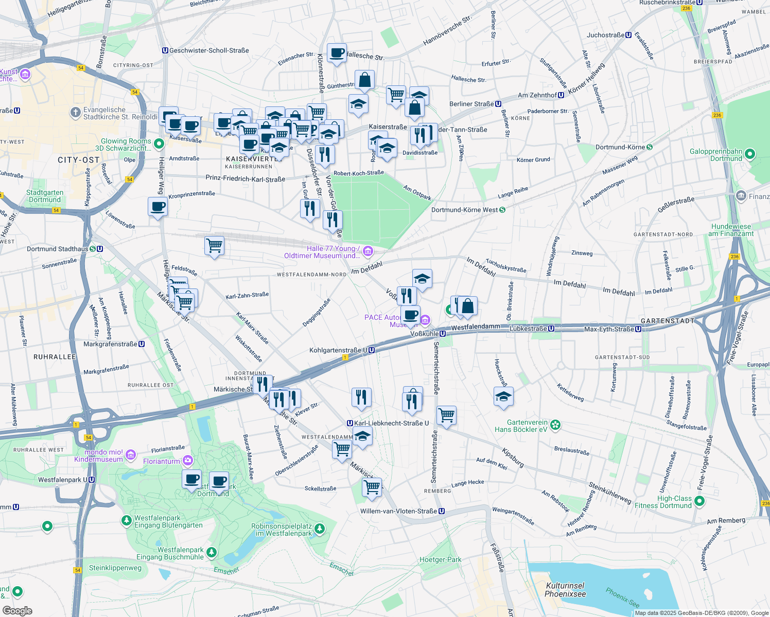 map of restaurants, bars, coffee shops, grocery stores, and more near 37 Voßkuhle in Dortmund