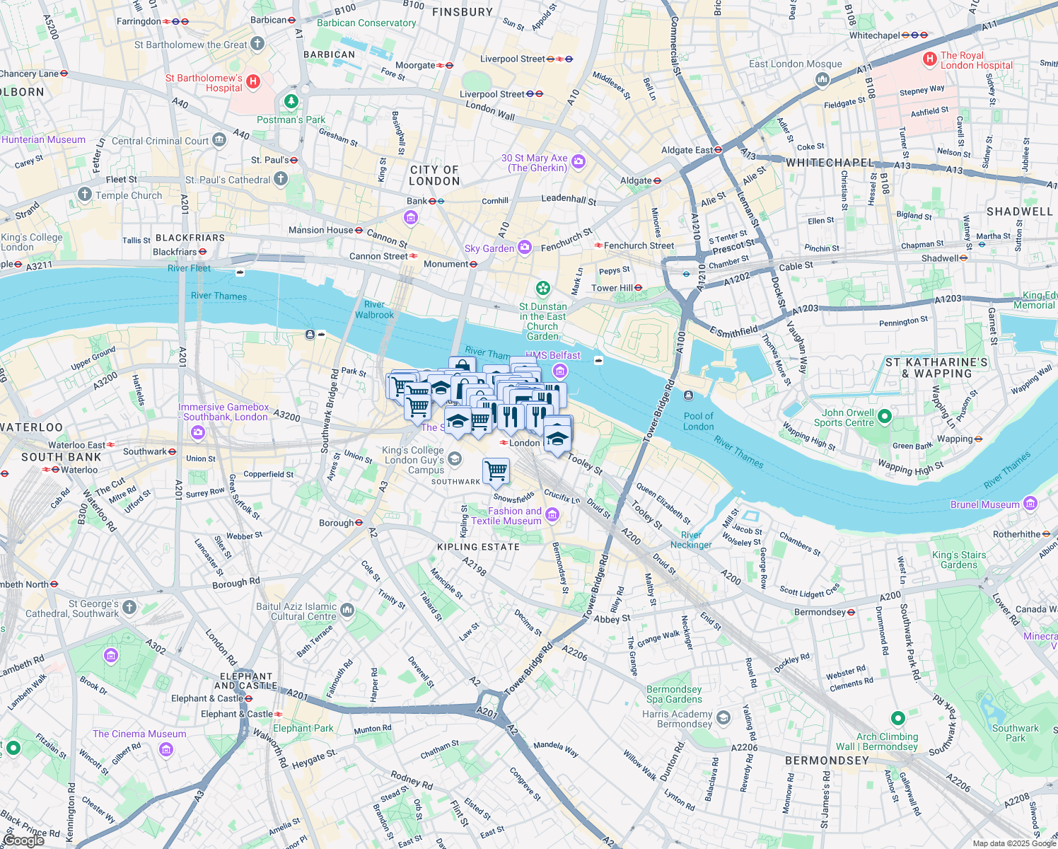 map of restaurants, bars, coffee shops, grocery stores, and more near Tooley Street in Greater London