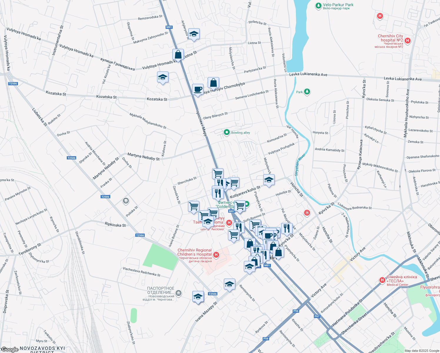 map of restaurants, bars, coffee shops, grocery stores, and more near Myru Avenue in Chernihiv