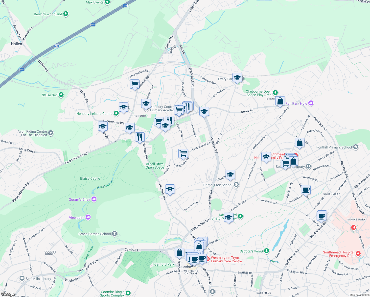 map of restaurants, bars, coffee shops, grocery stores, and more near 12 Satchfield Crescent in Bristol City
