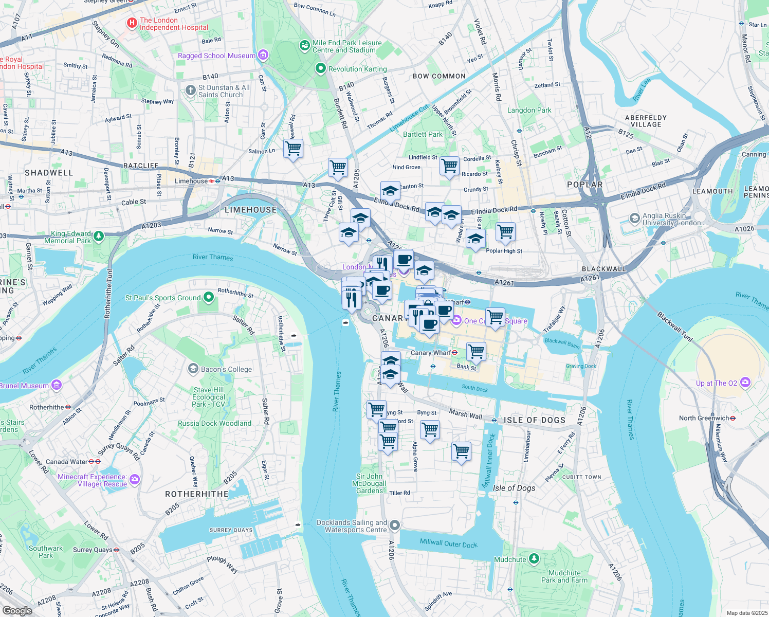 map of restaurants, bars, coffee shops, grocery stores, and more near in Greater London