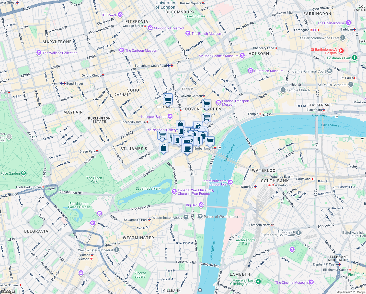 map of restaurants, bars, coffee shops, grocery stores, and more near in London