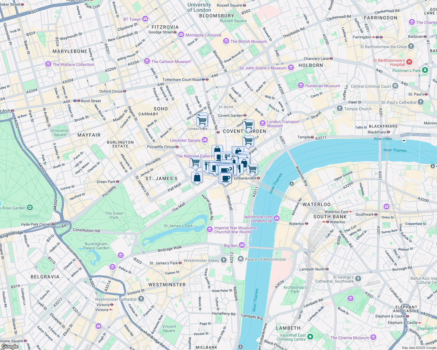 map of restaurants, bars, coffee shops, grocery stores, and more near Trafalgar Square in Greater London