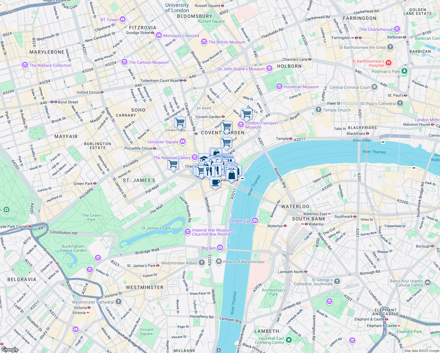map of restaurants, bars, coffee shops, grocery stores, and more near in Greater London