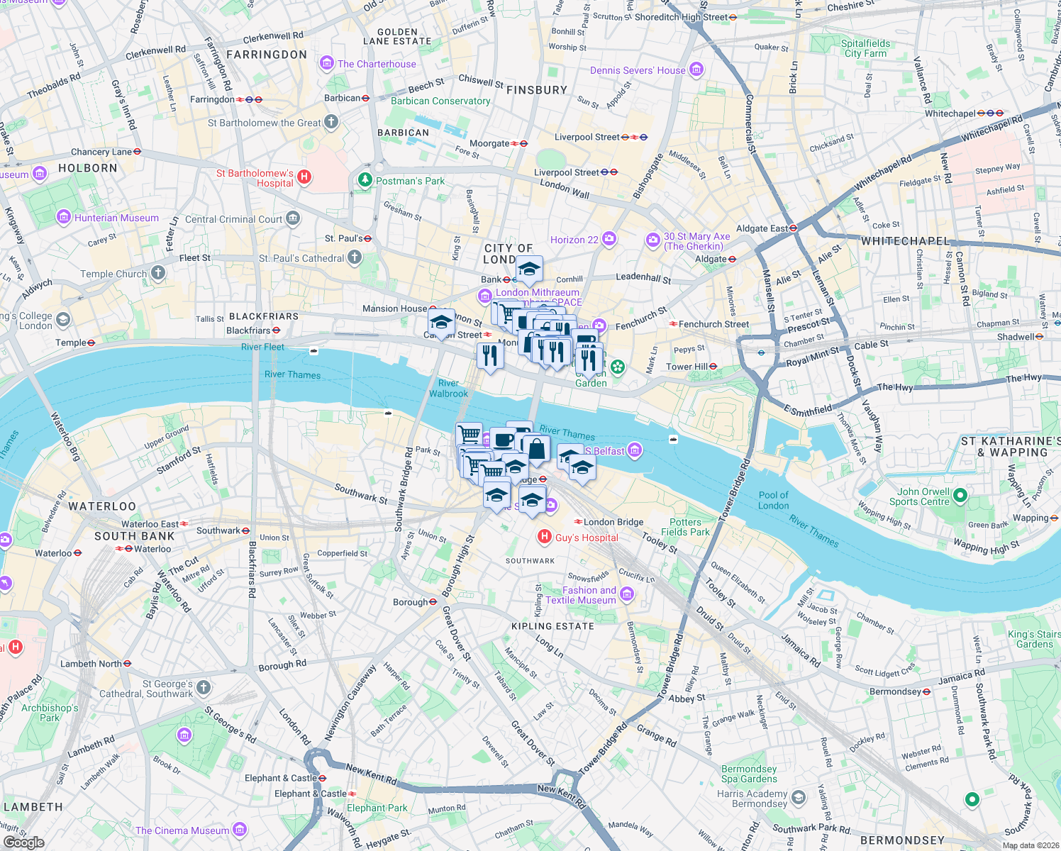 map of restaurants, bars, coffee shops, grocery stores, and more near in Greater London