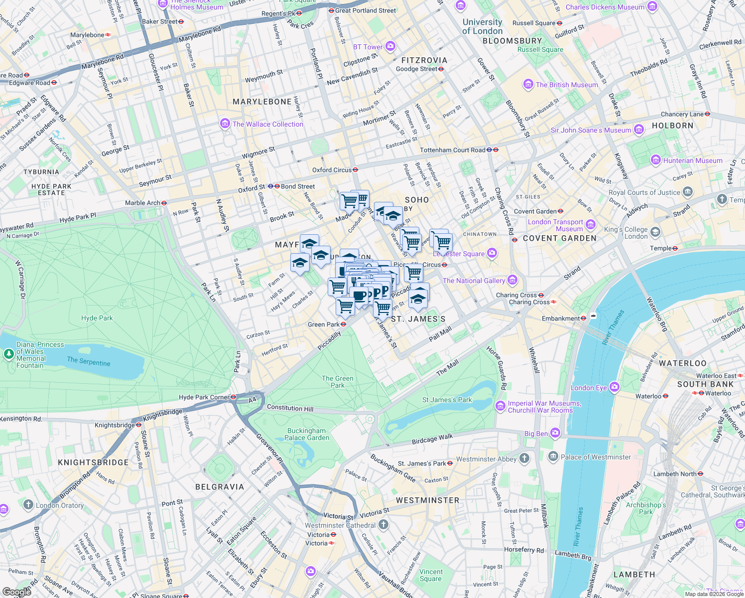 map of restaurants, bars, coffee shops, grocery stores, and more near 45 Old Bond Street in Greater London