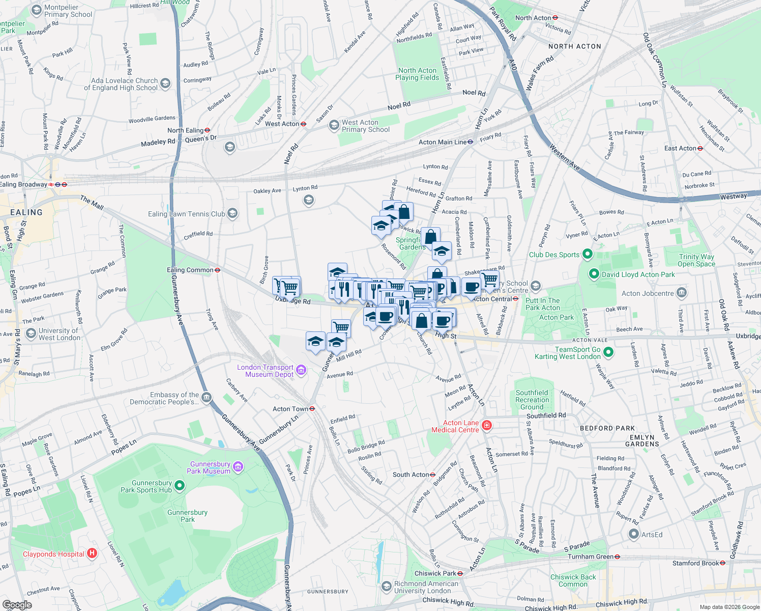 map of restaurants, bars, coffee shops, grocery stores, and more near in Greater London
