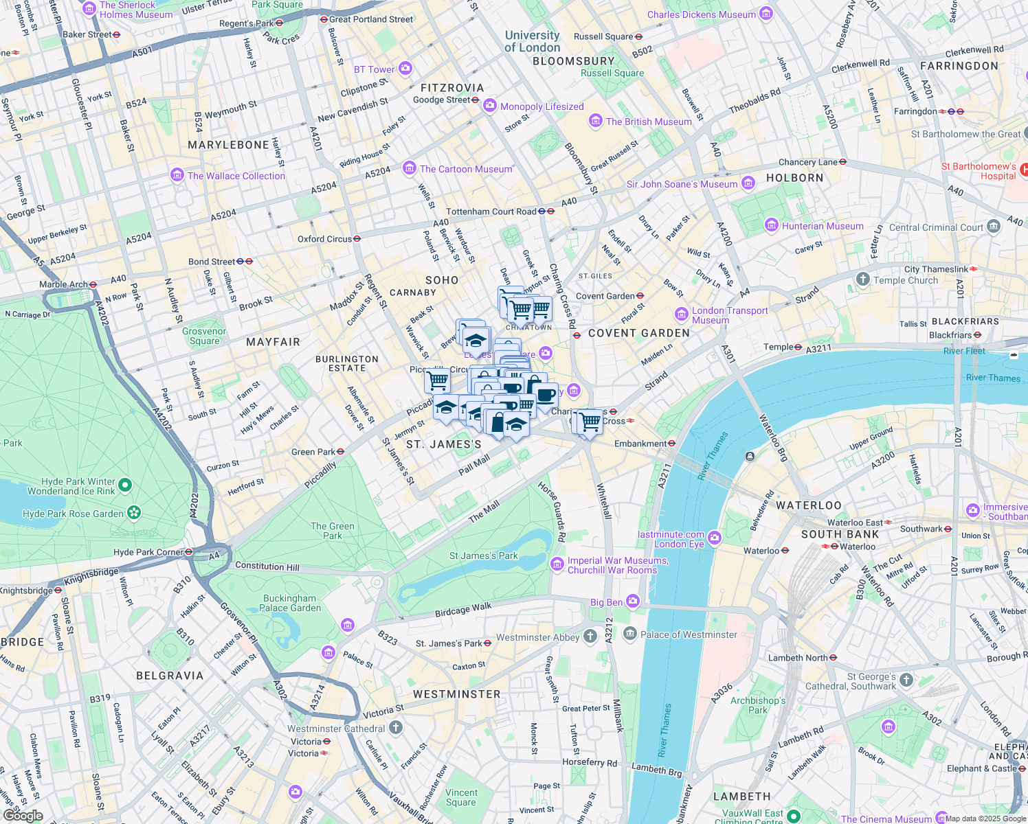map of restaurants, bars, coffee shops, grocery stores, and more near 71 Haymarket in London