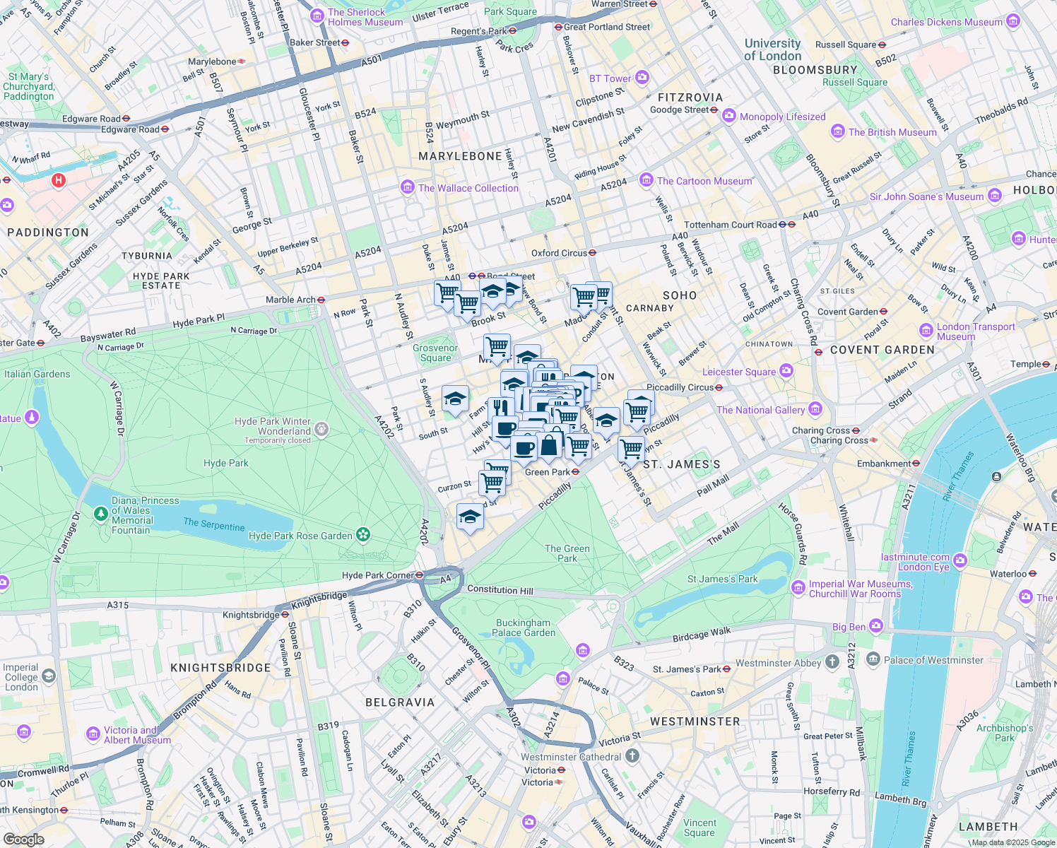 map of restaurants, bars, coffee shops, grocery stores, and more near Berkeley Square in Greater London