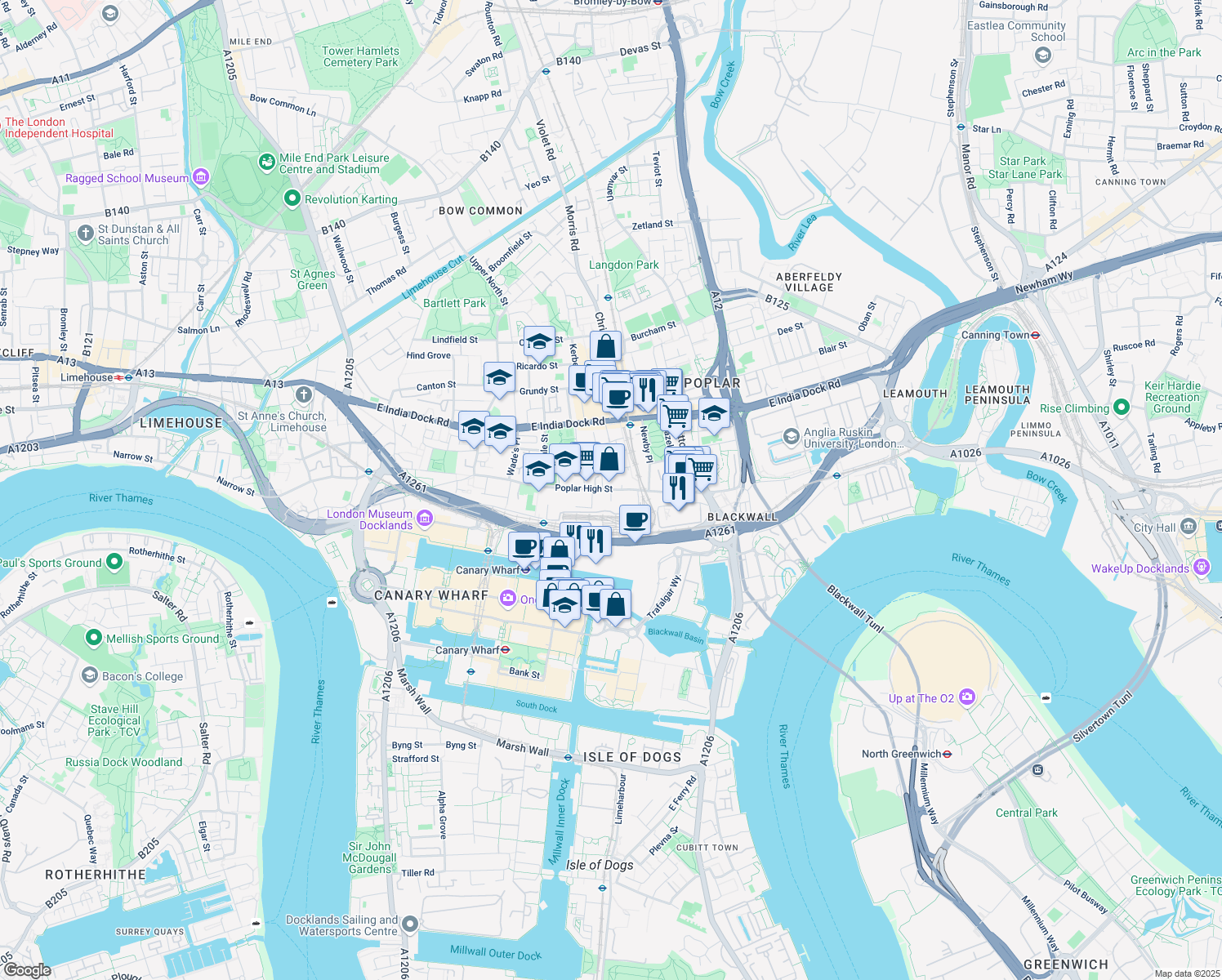 map of restaurants, bars, coffee shops, grocery stores, and more near Poplar High Street in Greater London