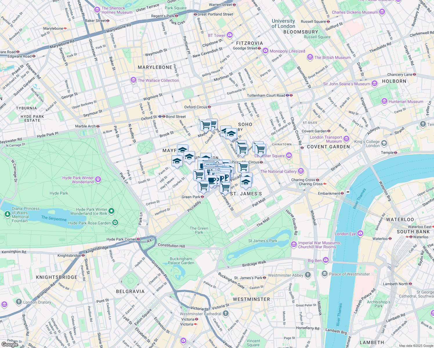 map of restaurants, bars, coffee shops, grocery stores, and more near 16 Old Bond Street in Greater London
