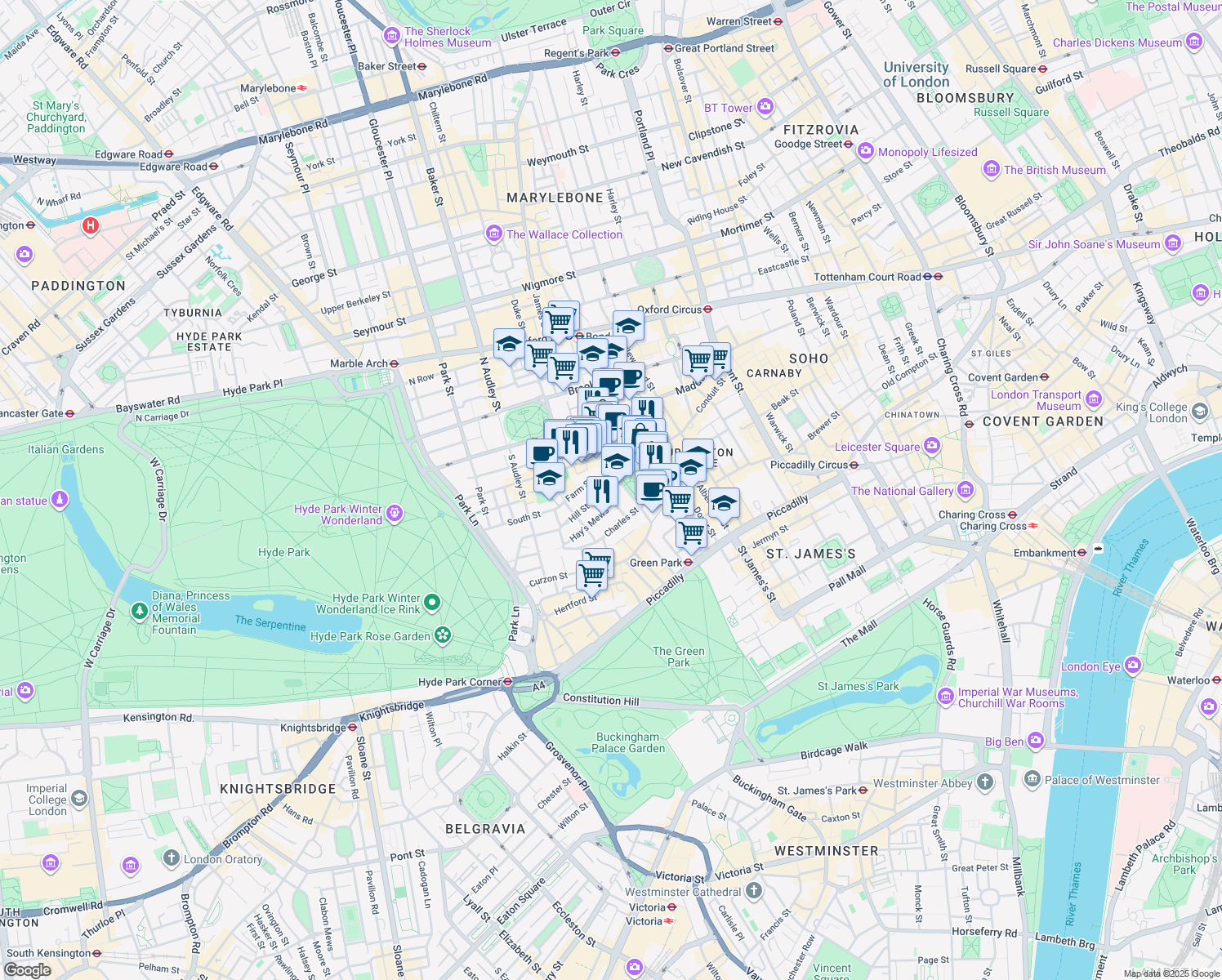 map of restaurants, bars, coffee shops, grocery stores, and more near Berkeley Square in Greater London