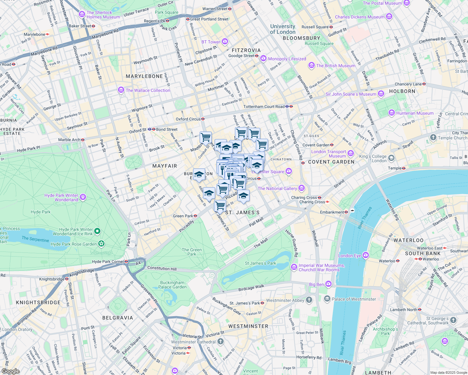 map of restaurants, bars, coffee shops, grocery stores, and more near 7-9 Swallow Street in Greater London
