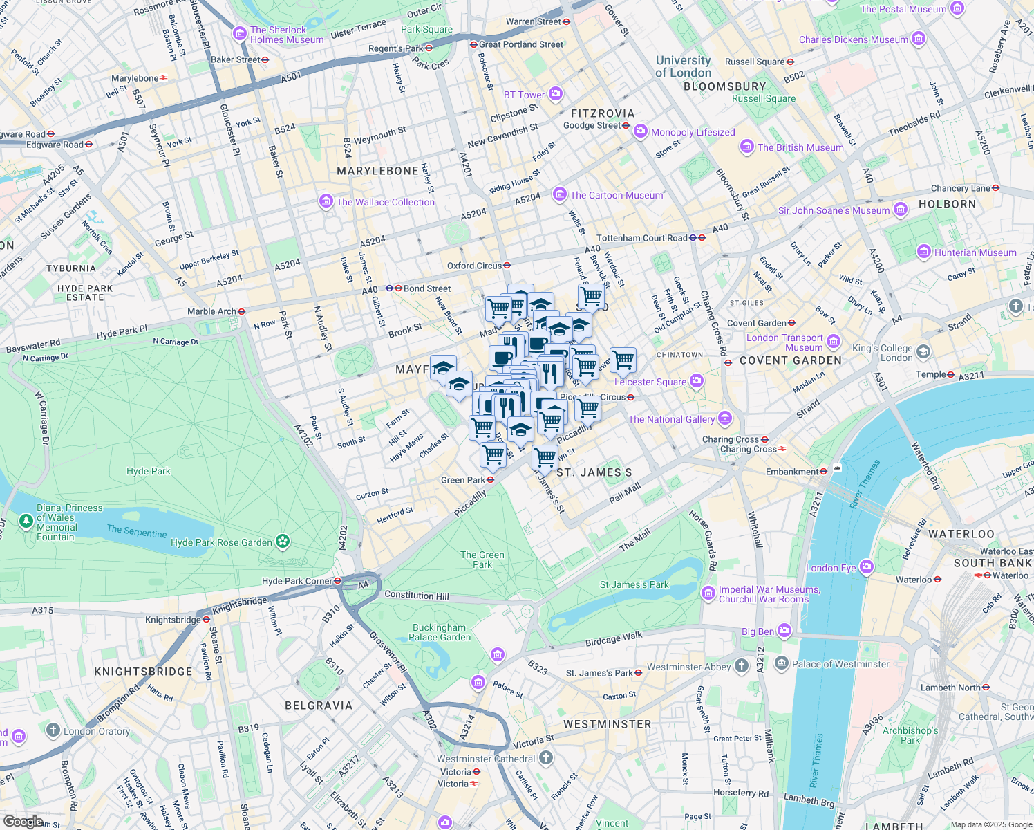 map of restaurants, bars, coffee shops, grocery stores, and more near 27 Old Bond Street in Greater London