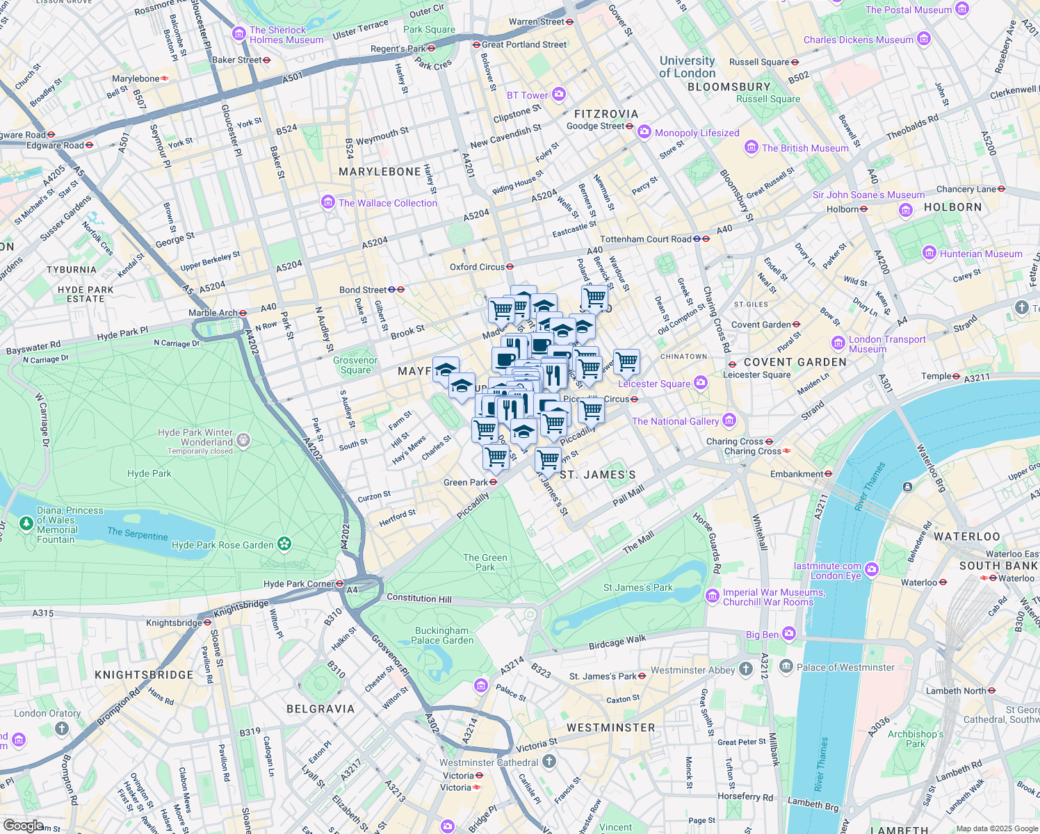 map of restaurants, bars, coffee shops, grocery stores, and more near 27 Old Bond Street in Greater London