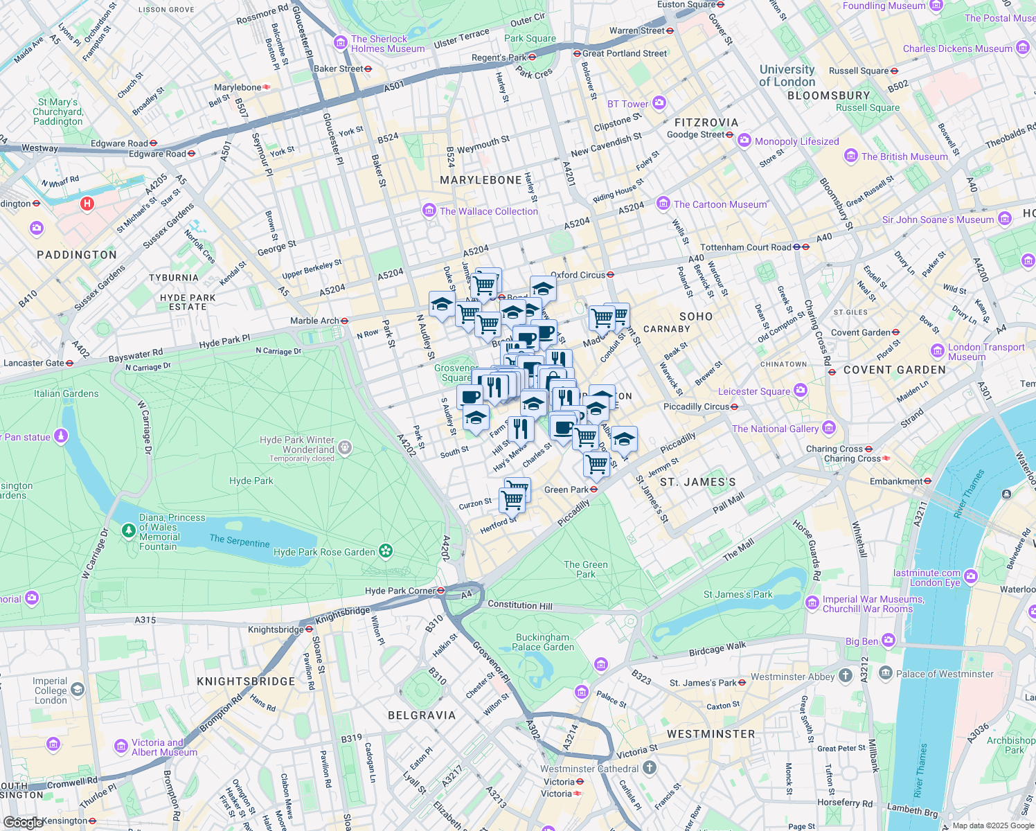 map of restaurants, bars, coffee shops, grocery stores, and more near Berkeley Square in Greater London