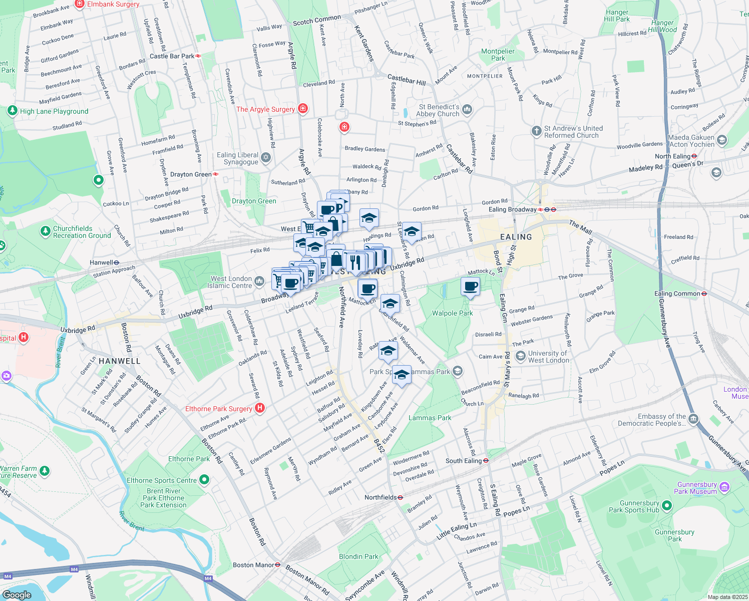 map of restaurants, bars, coffee shops, grocery stores, and more near Mattock Lane in Greater London