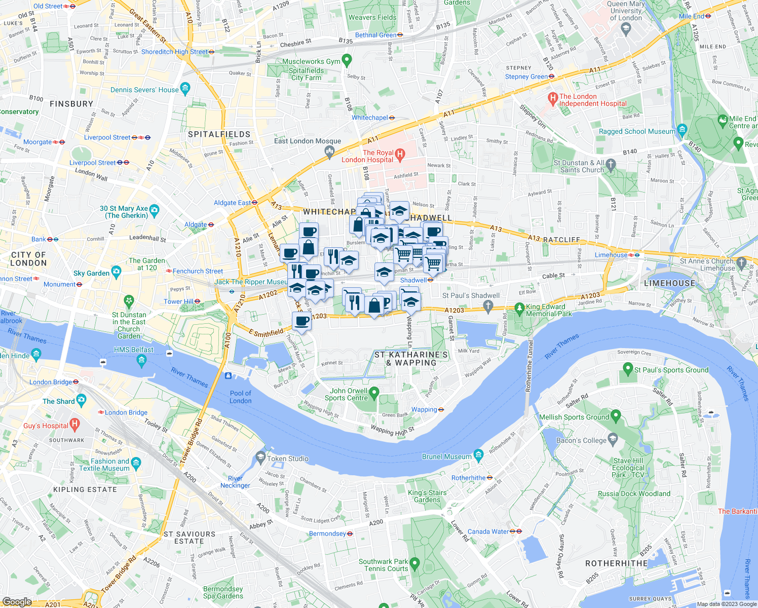 map of restaurants, bars, coffee shops, grocery stores, and more near 29 Crowder Street in Greater London