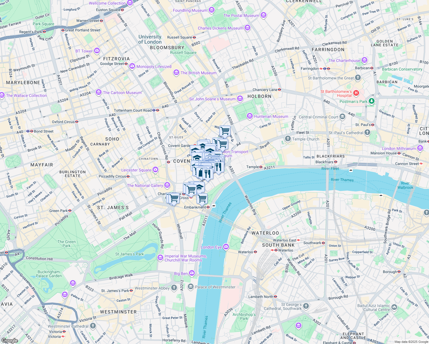 map of restaurants, bars, coffee shops, grocery stores, and more near in Greater London