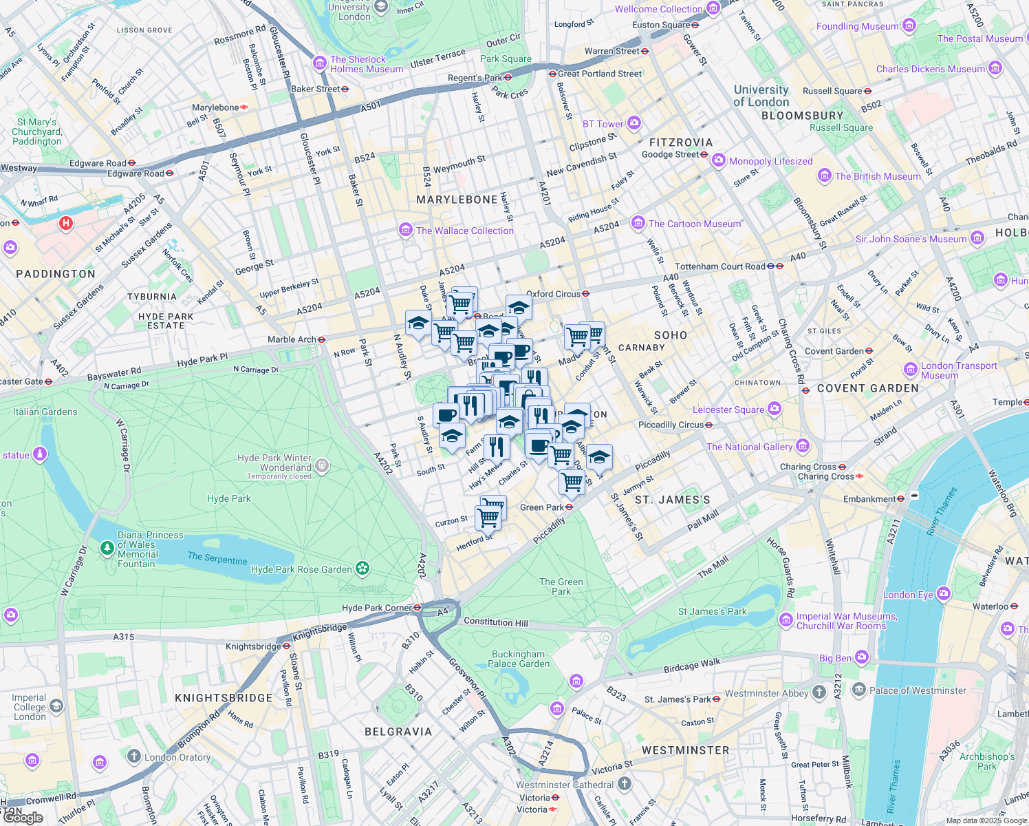 map of restaurants, bars, coffee shops, grocery stores, and more near 25 Berkeley Square in Greater London