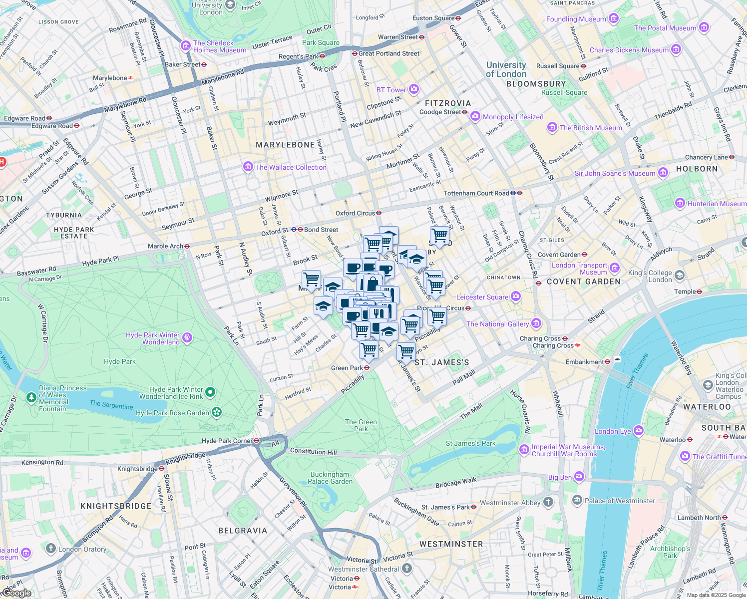 map of restaurants, bars, coffee shops, grocery stores, and more near 14 Clifford Street in Greater London