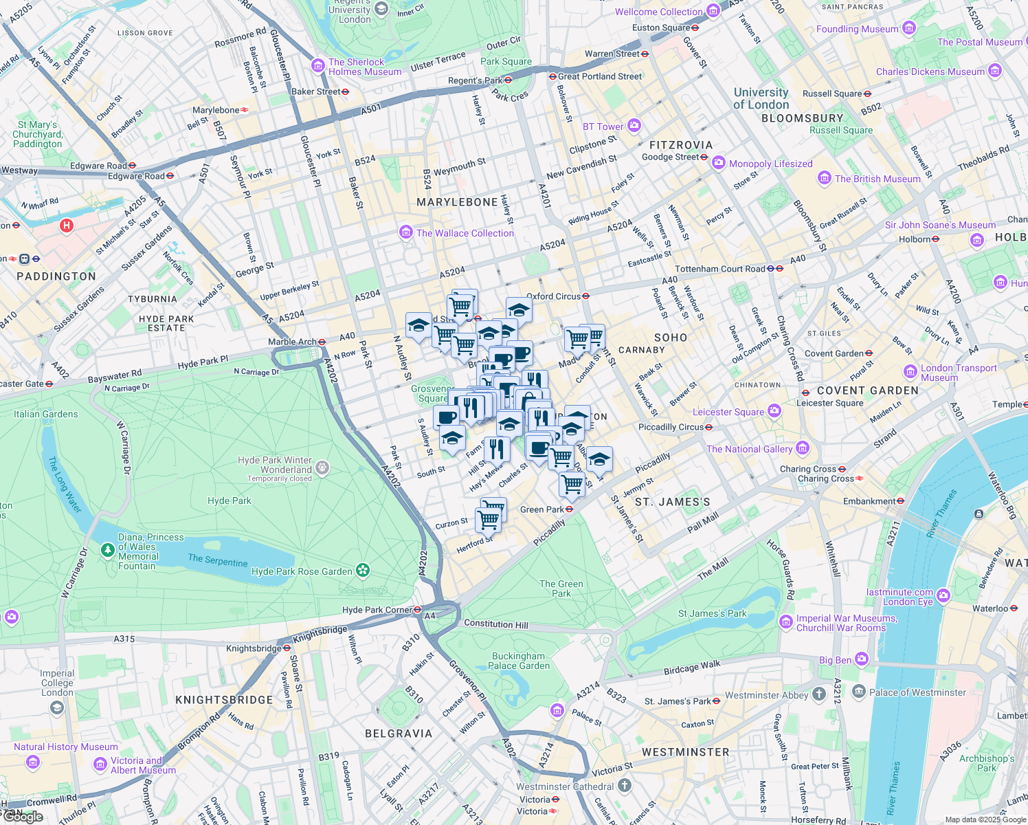 map of restaurants, bars, coffee shops, grocery stores, and more near 25 Berkeley Square in Greater London