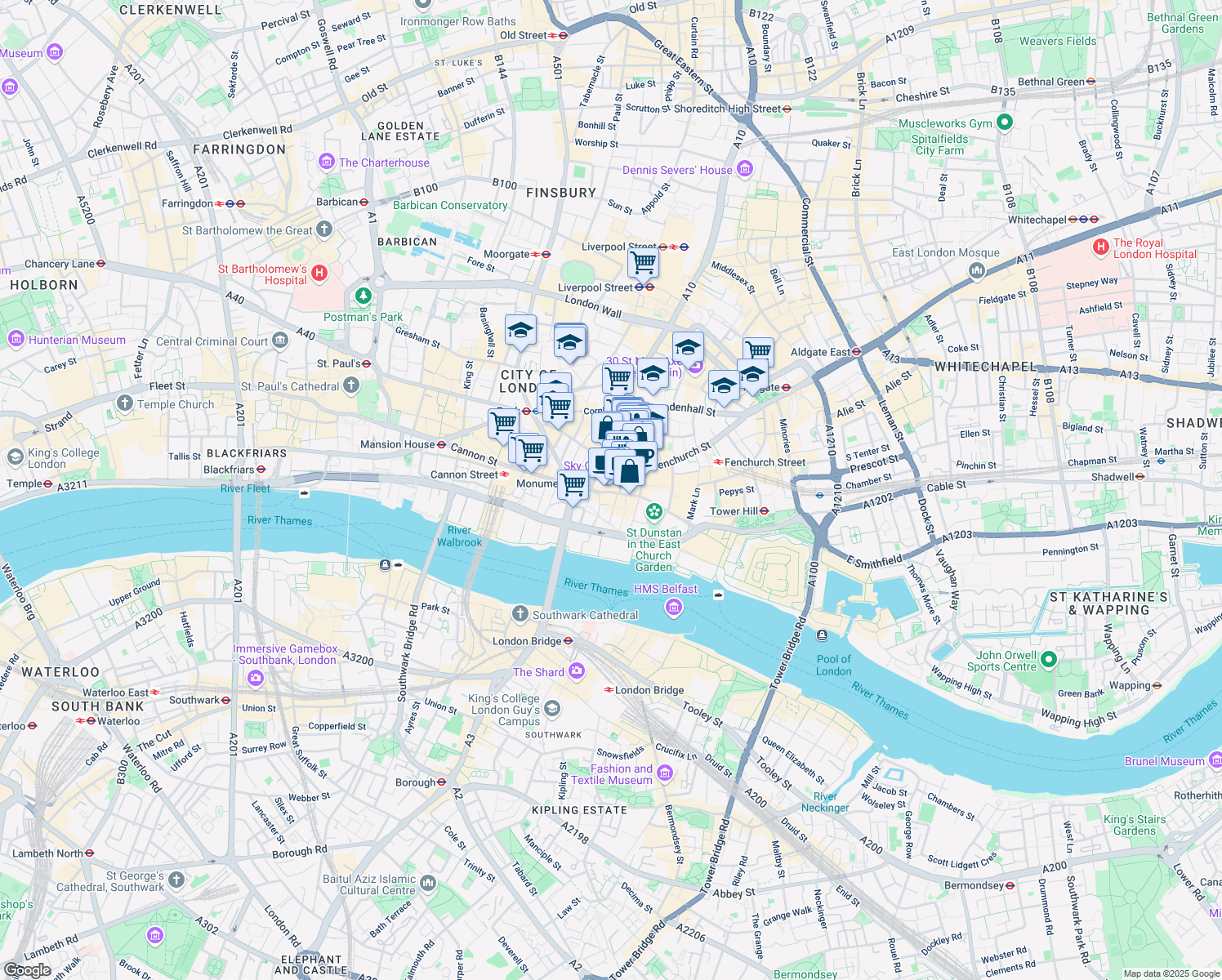 map of restaurants, bars, coffee shops, grocery stores, and more near 15 Eastcheap in London