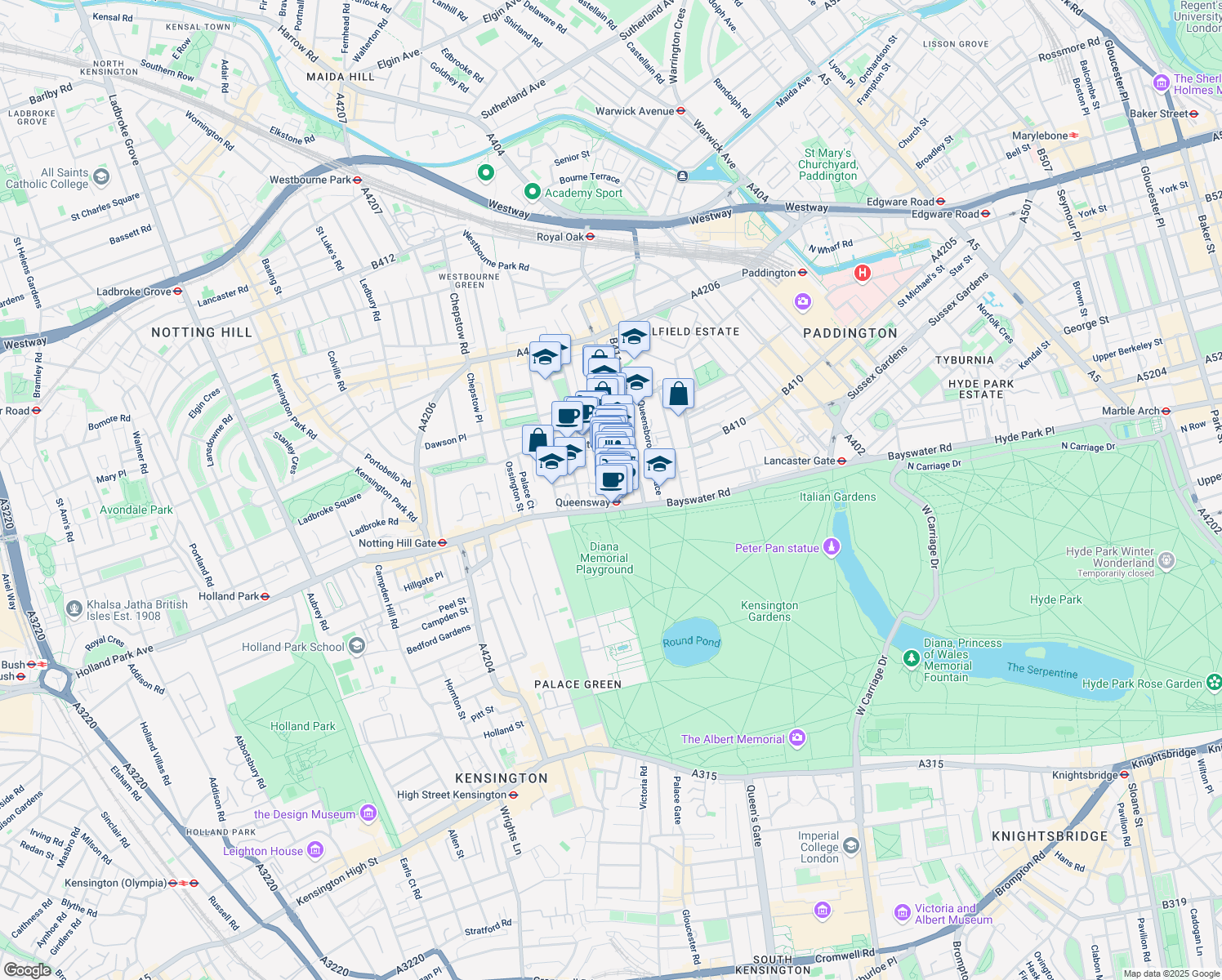 map of restaurants, bars, coffee shops, grocery stores, and more near in Greater London