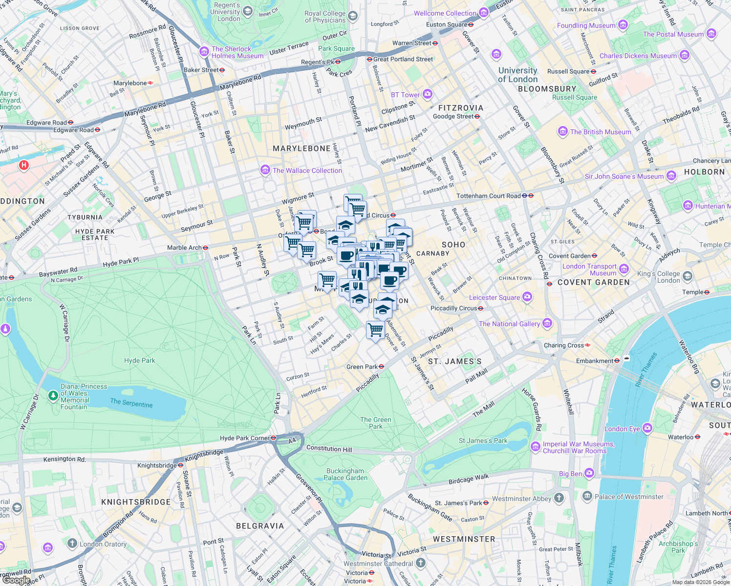 map of restaurants, bars, coffee shops, grocery stores, and more near 33 Bruton Street in Greater London