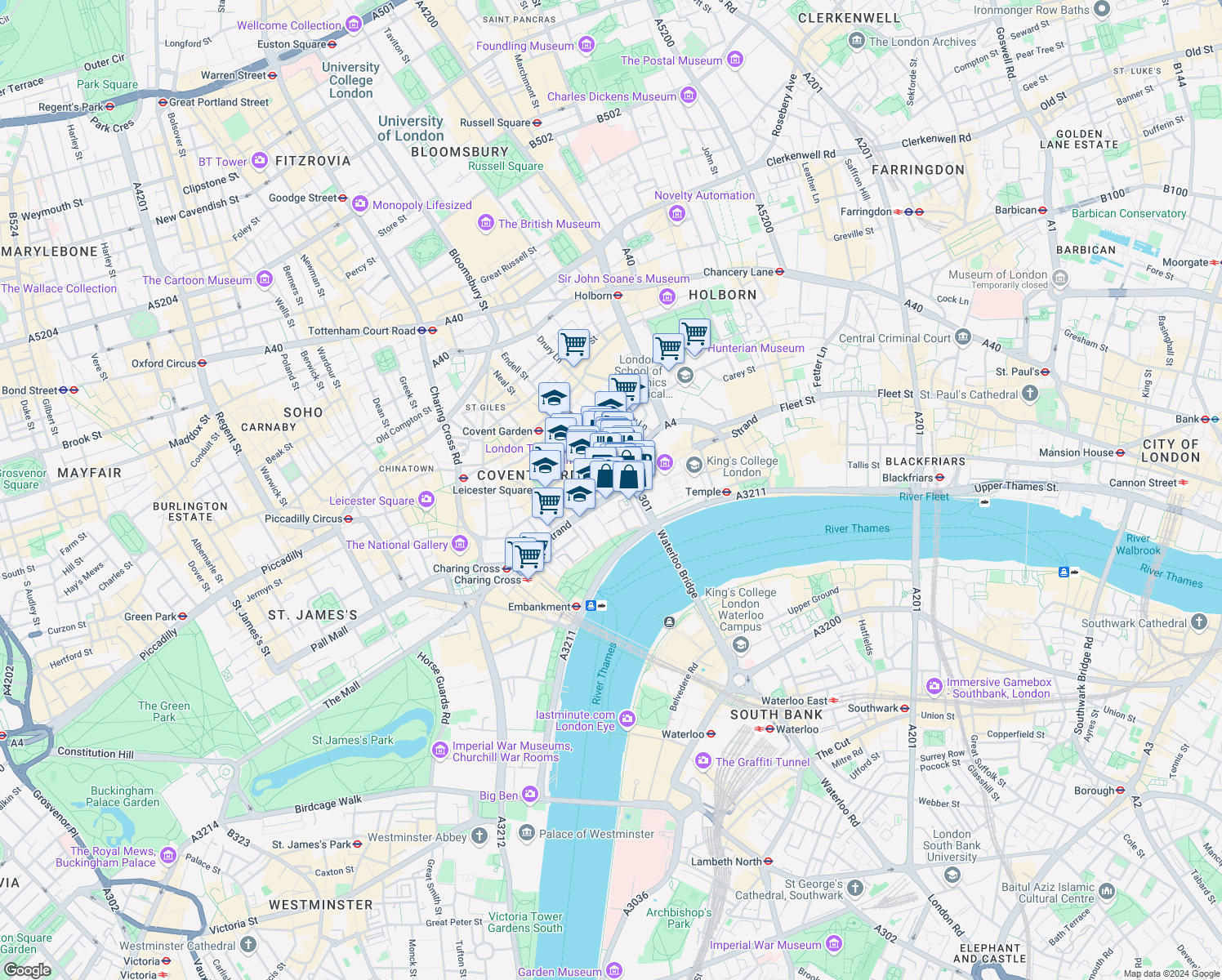 map of restaurants, bars, coffee shops, grocery stores, and more near 363 Strand in London