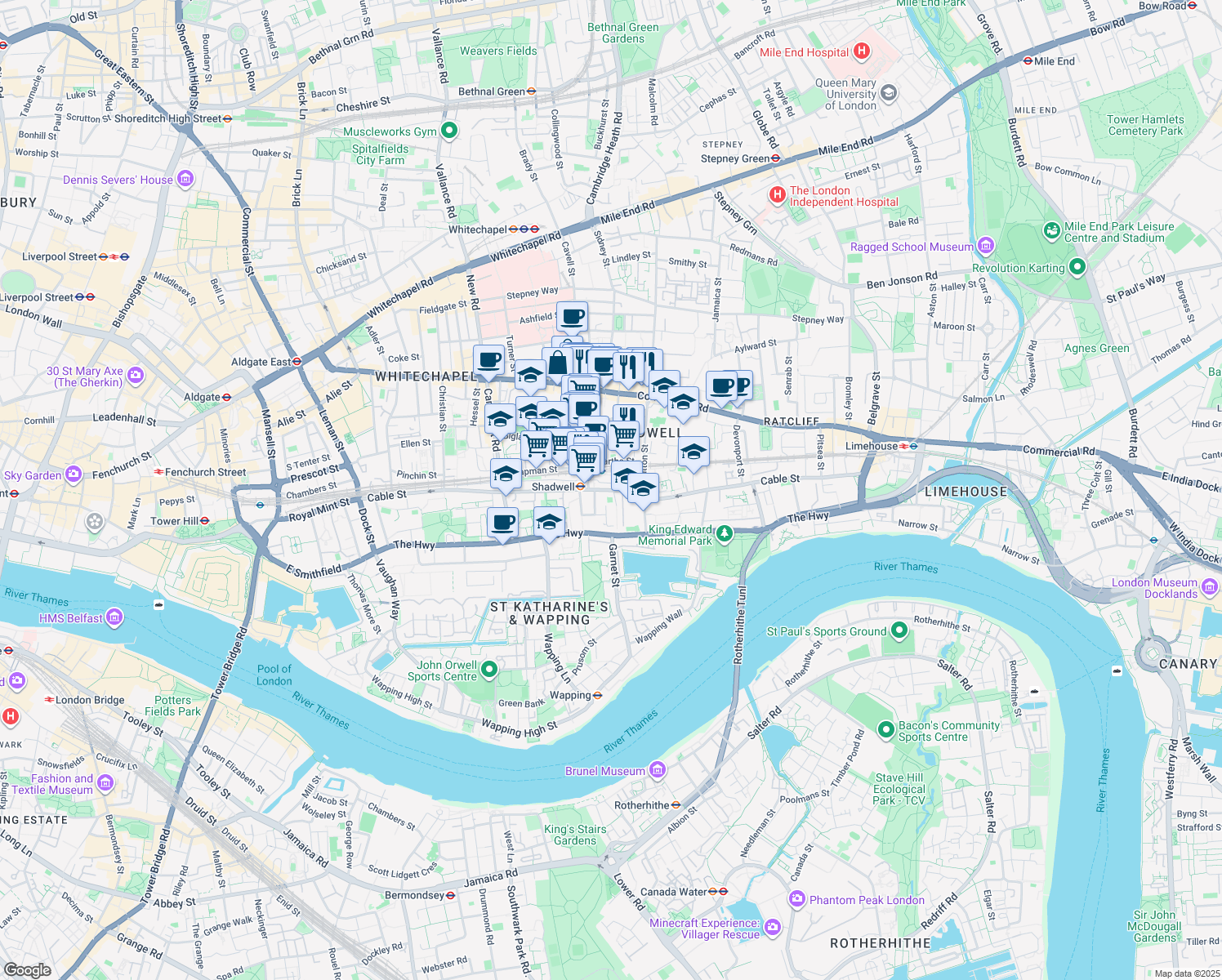 map of restaurants, bars, coffee shops, grocery stores, and more near Cable Street in Greater London