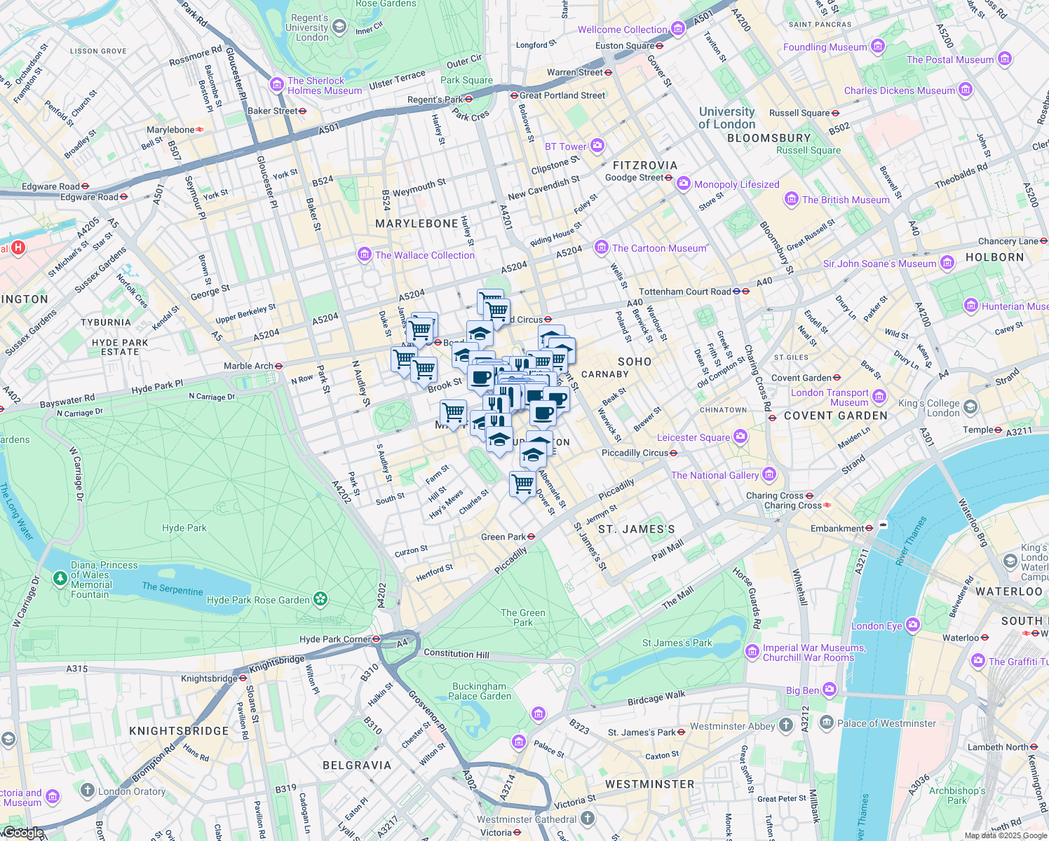 map of restaurants, bars, coffee shops, grocery stores, and more near 24 New Bond Street in Greater London