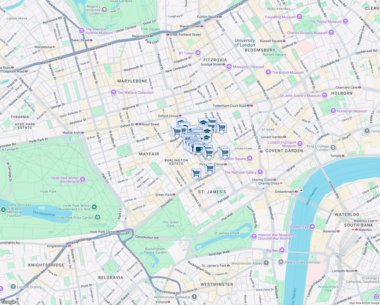map of restaurants, bars, coffee shops, grocery stores, and more near 10 New Burlington Mews in Greater London