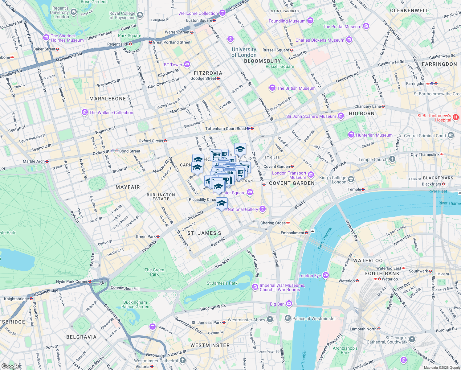 map of restaurants, bars, coffee shops, grocery stores, and more near 42 Rupert Street in Greater London