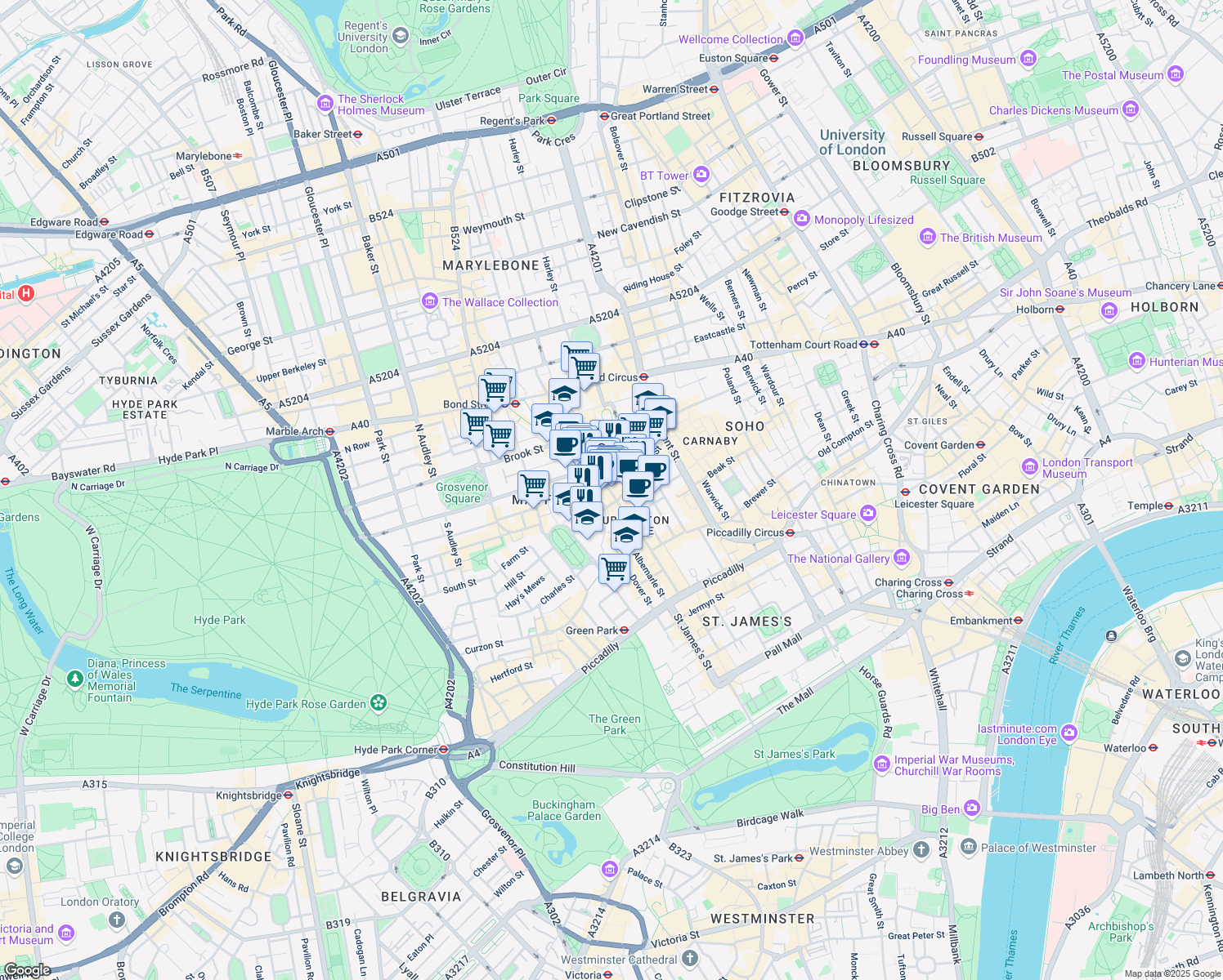 map of restaurants, bars, coffee shops, grocery stores, and more near in Greater London