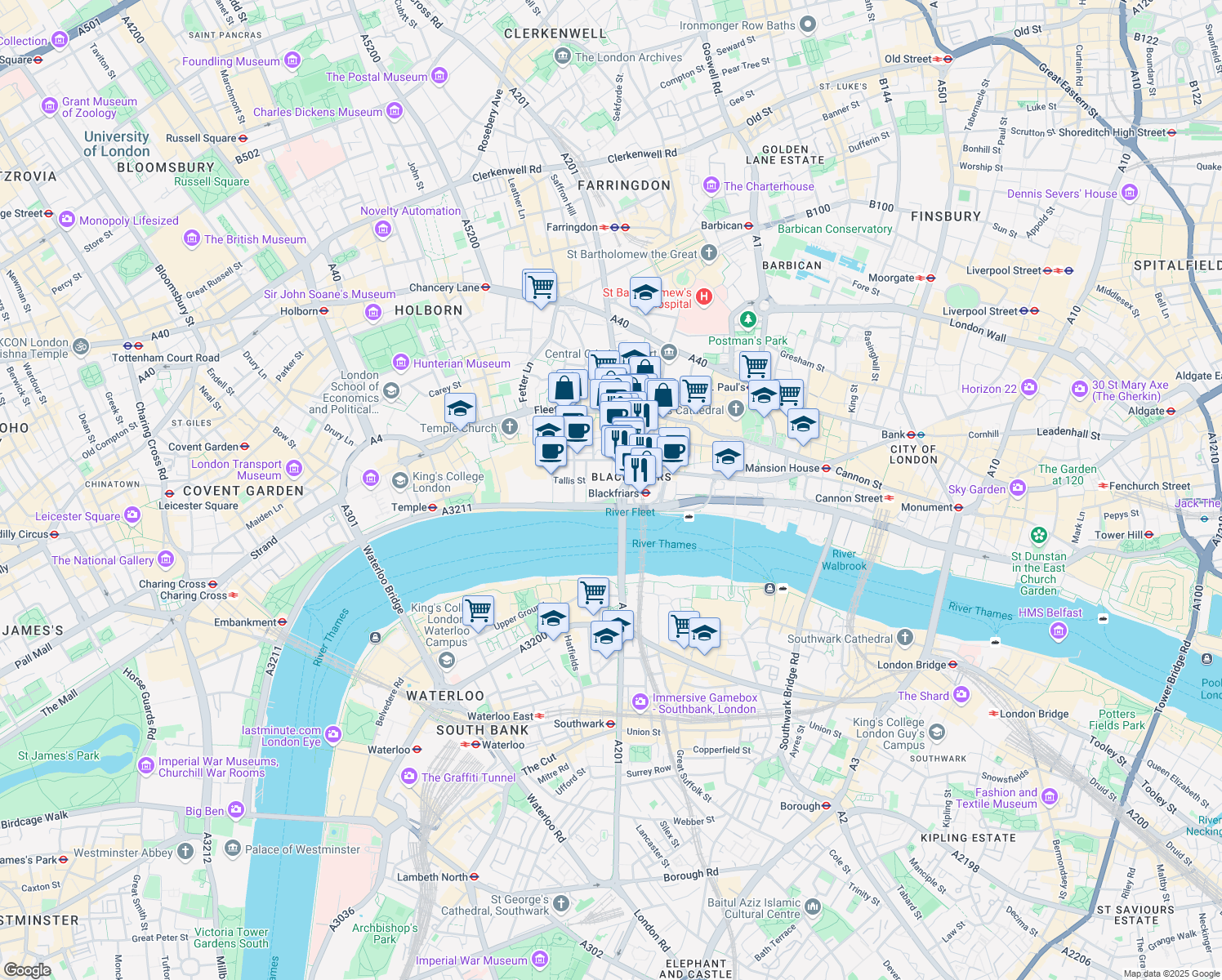map of restaurants, bars, coffee shops, grocery stores, and more near in Greater London