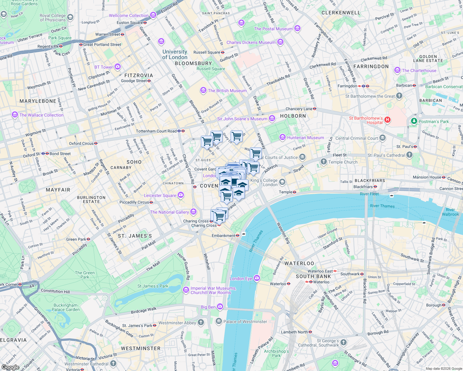 map of restaurants, bars, coffee shops, grocery stores, and more near 21 The Market in Greater London