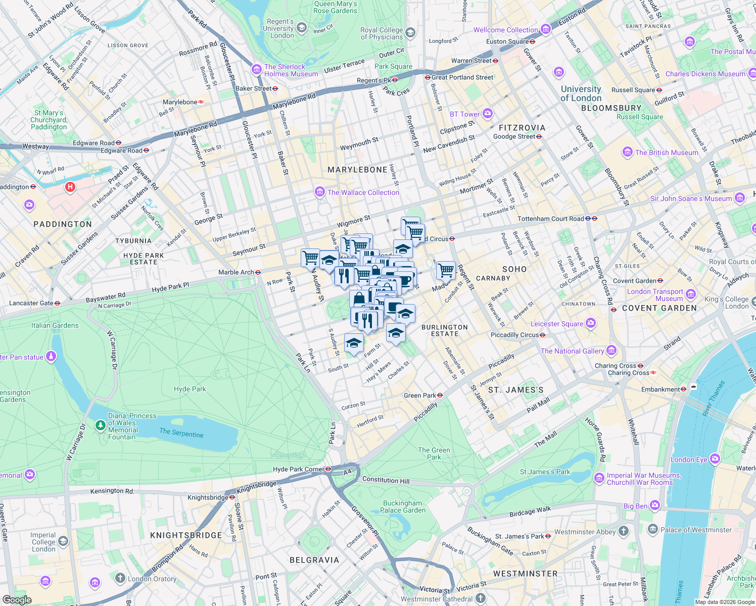 map of restaurants, bars, coffee shops, grocery stores, and more near in Greater London