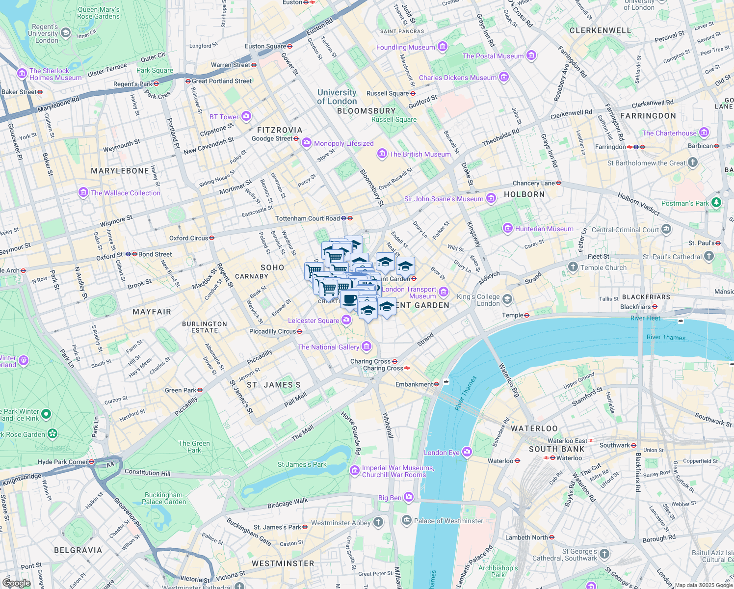 map of restaurants, bars, coffee shops, grocery stores, and more near Charing Cross Road in Greater London