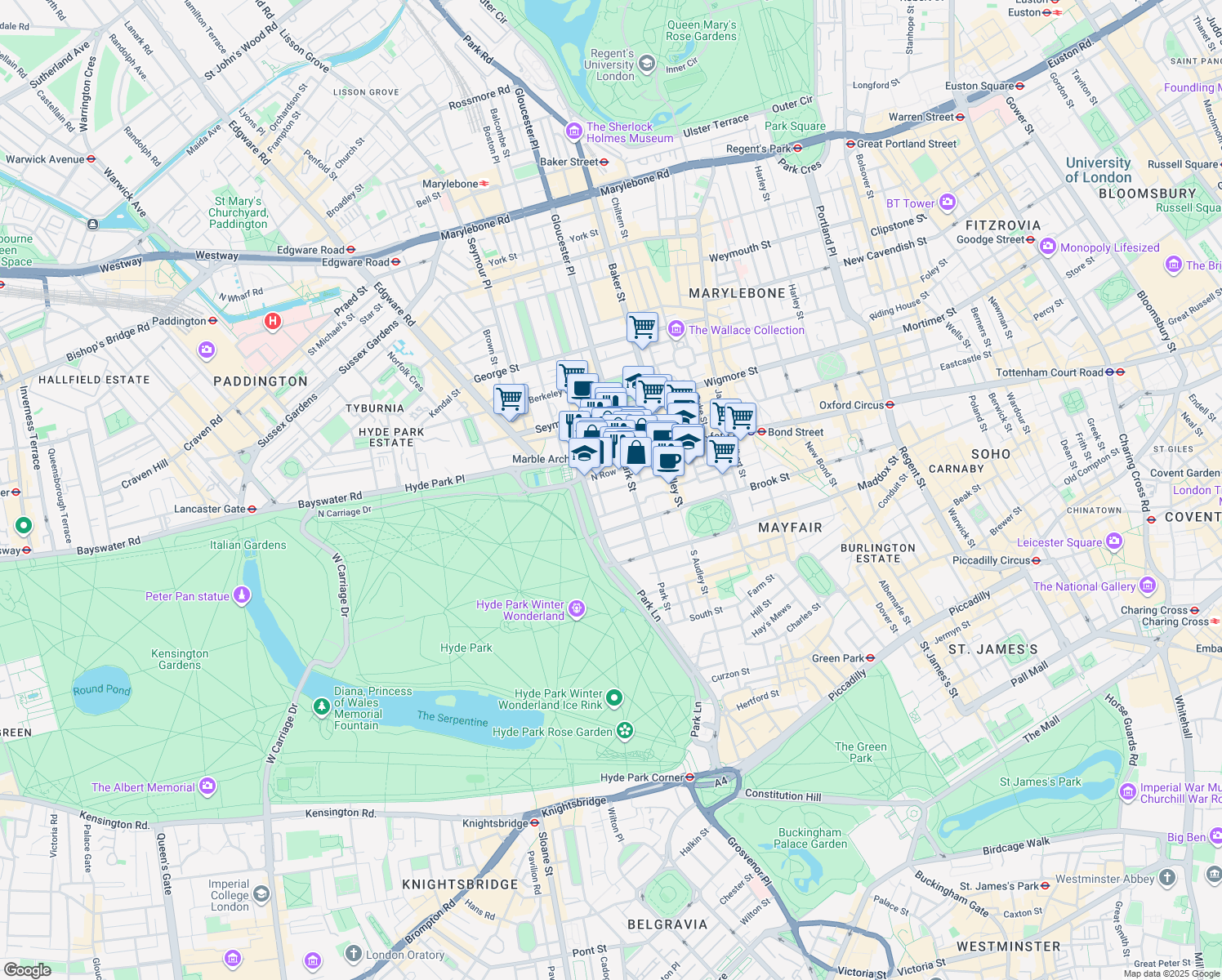 map of restaurants, bars, coffee shops, grocery stores, and more near Green Street in Greater London