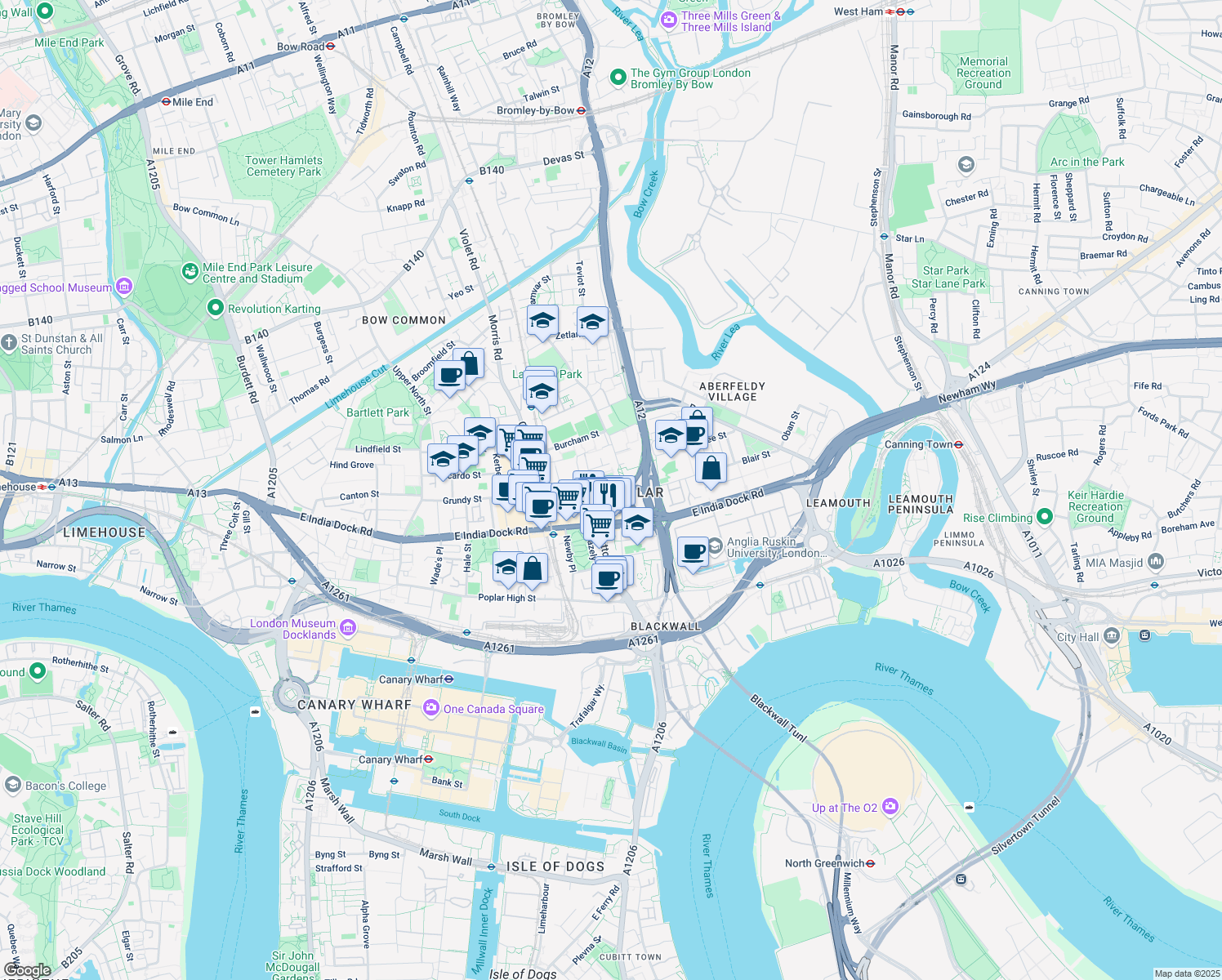 map of restaurants, bars, coffee shops, grocery stores, and more near Adderley Street in Greater London