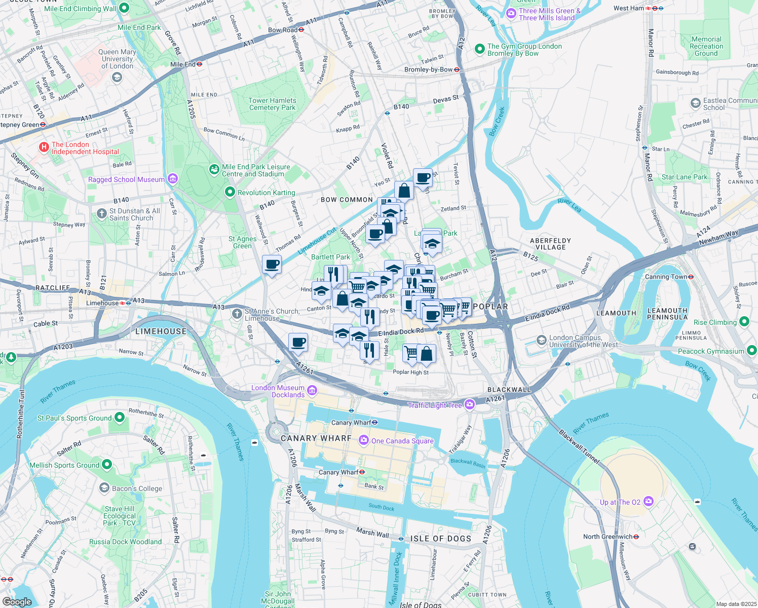 map of restaurants, bars, coffee shops, grocery stores, and more near Bygrove Street in Greater London