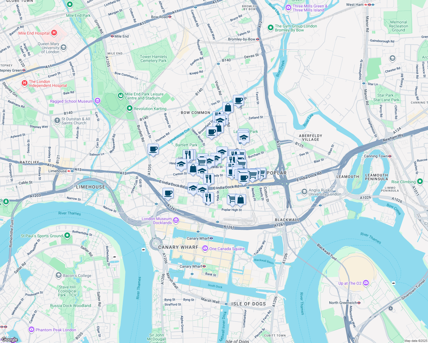 map of restaurants, bars, coffee shops, grocery stores, and more near Bygrove Street in Greater London