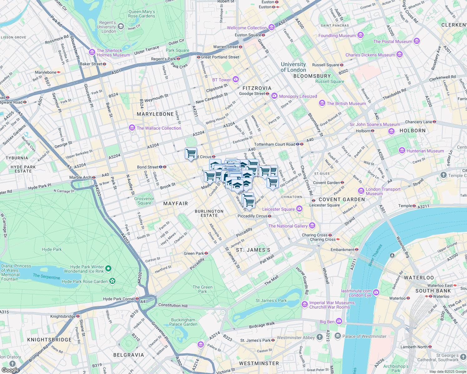 map of restaurants, bars, coffee shops, grocery stores, and more near  in Greater London