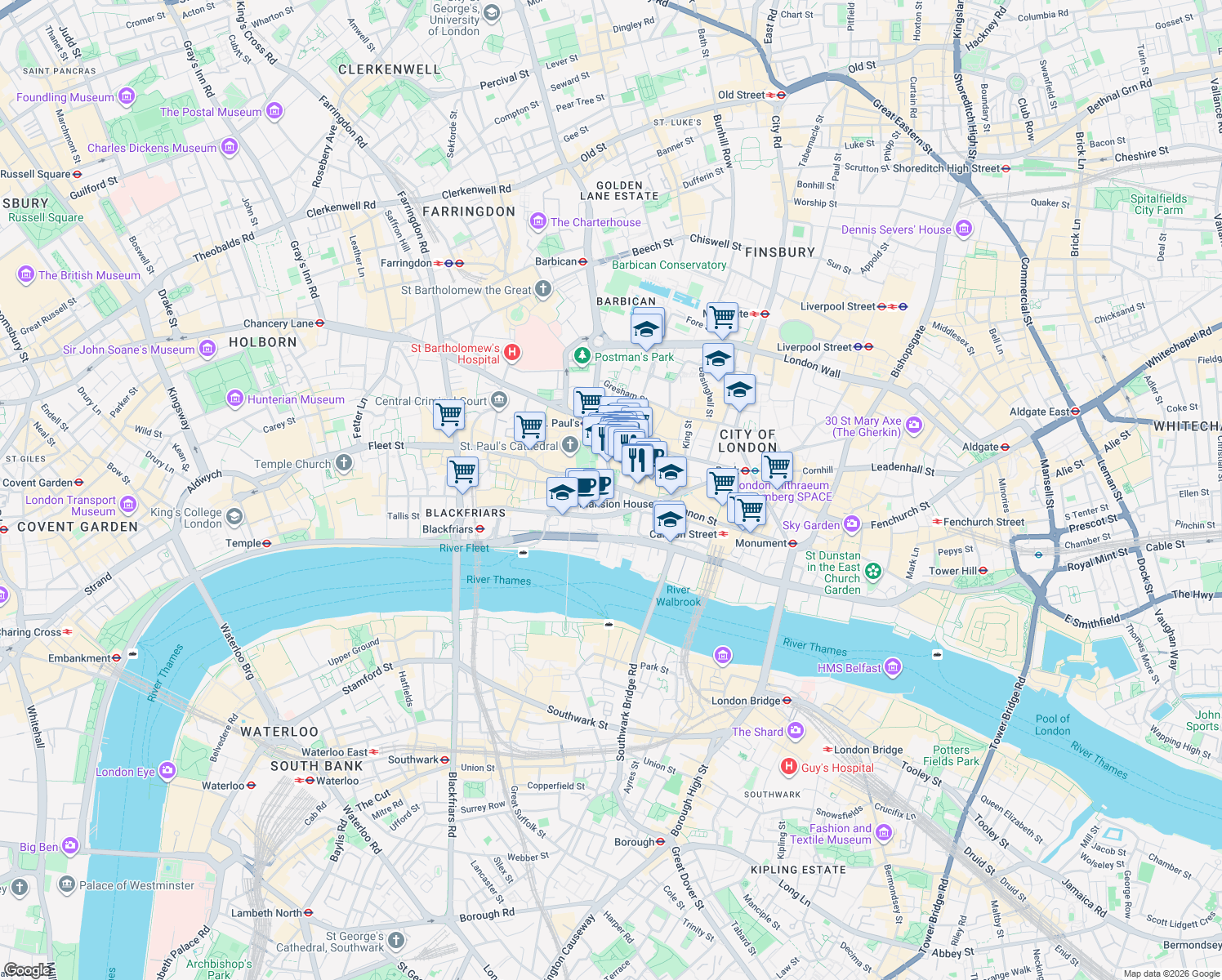 map of restaurants, bars, coffee shops, grocery stores, and more near 10 Cannon Street in Greater London