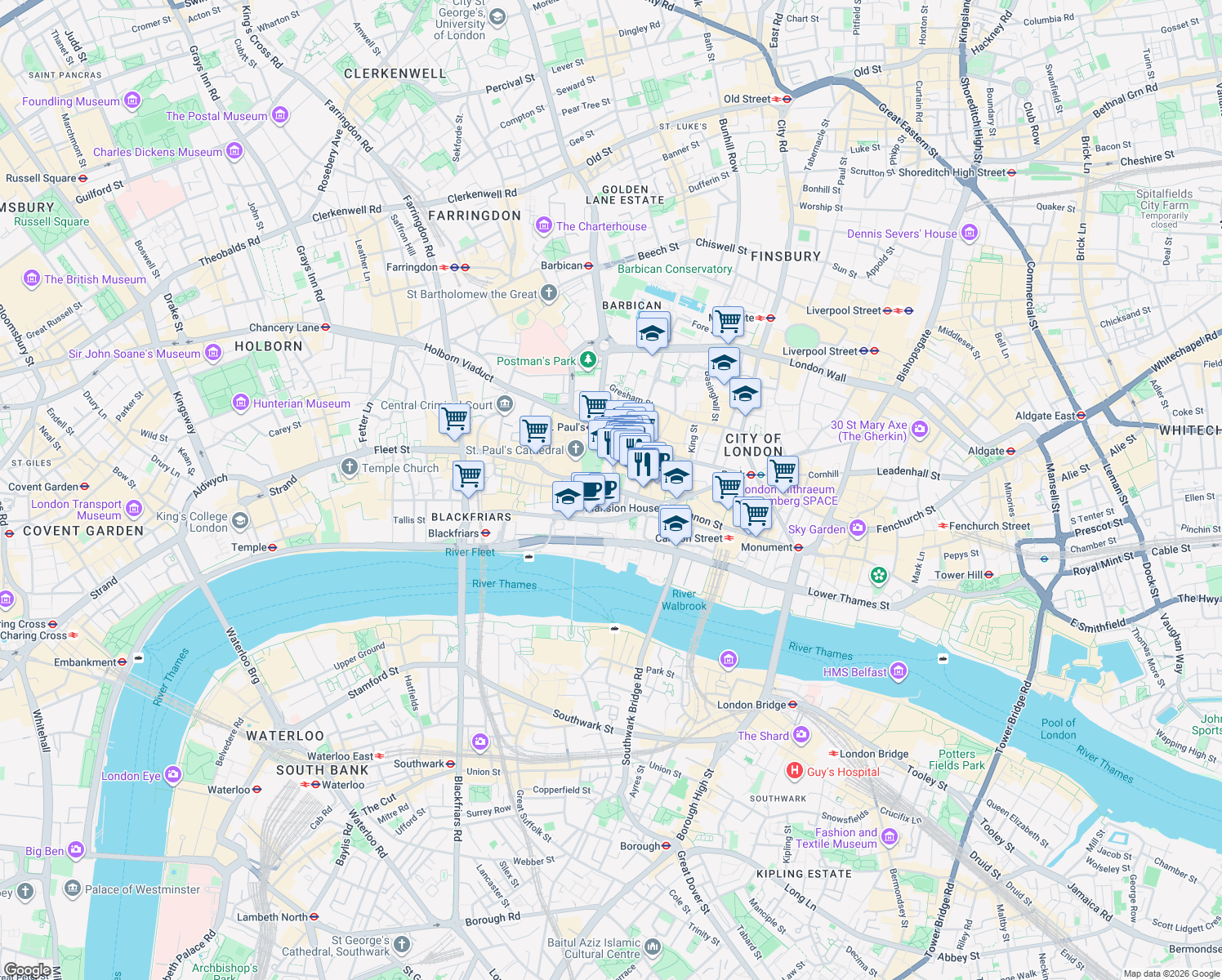 map of restaurants, bars, coffee shops, grocery stores, and more near 10 Cannon Street in Greater London